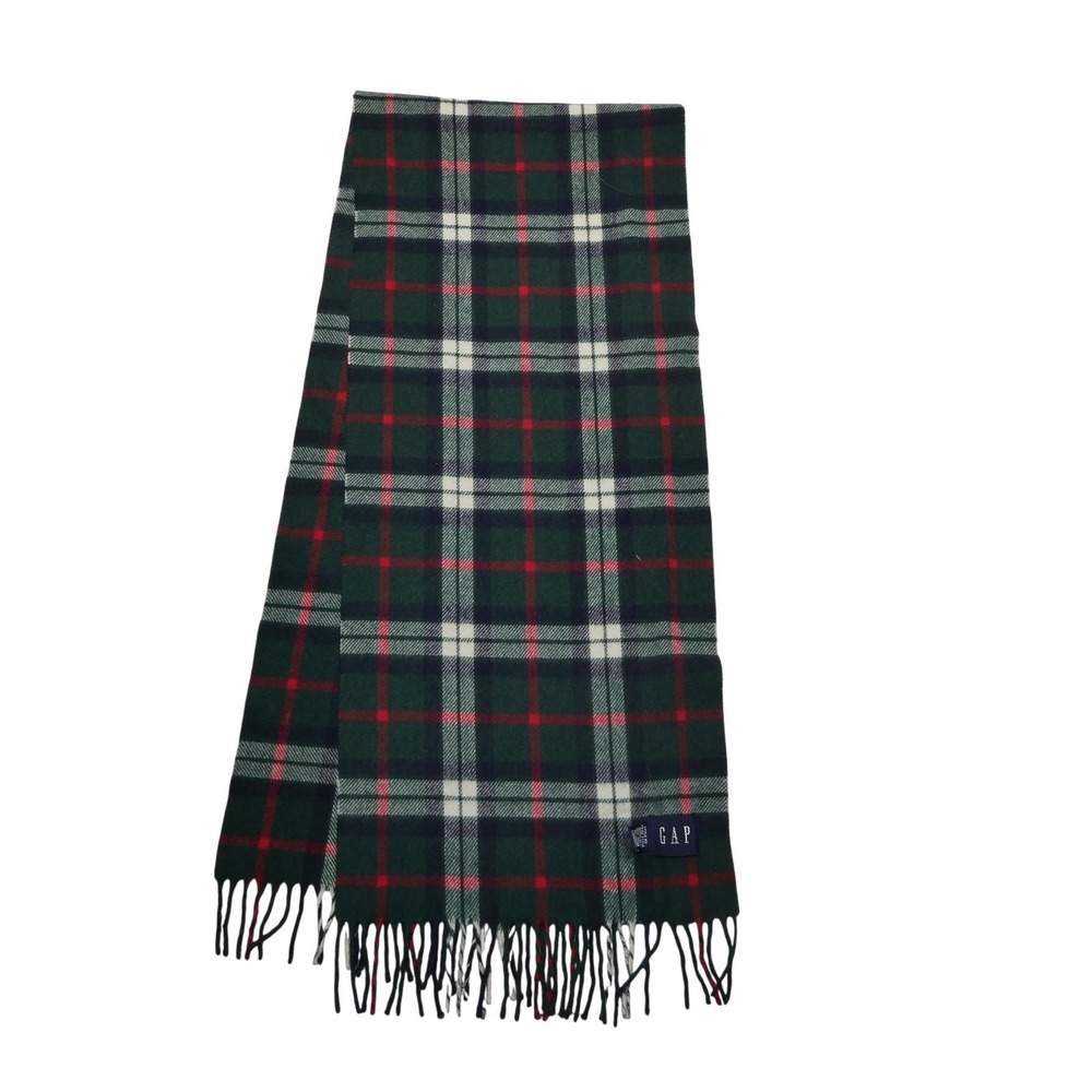 Gap Scarf Mens One Size Green Red Tartan Plaid 100% Wool Fringe Italy Winter